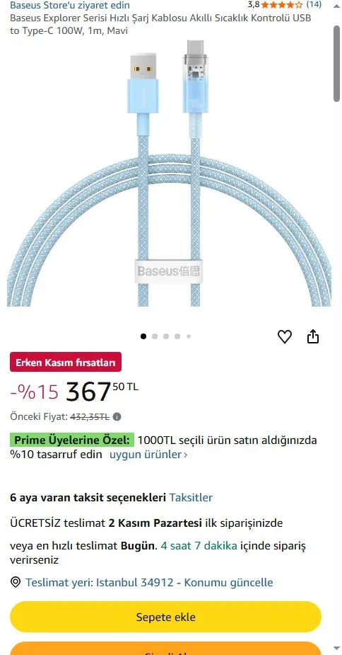 Baseus Explorer Serisi Hızlı Şarj Kablosu Akıllı Sıcaklık Kontrolü USB to Type-C 100W, 1m, Mavi