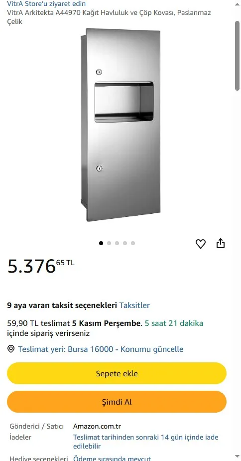 VitrA Arkitekta A44970 Kağıt Havluluk ve Çöp Kovası, Paslanmaz Çelik