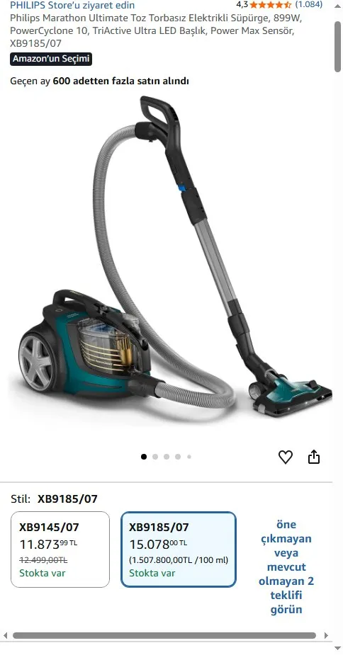 Philips Marathon Ultimate Toz Torbasız Elektrikli Süpürge, 899W, PowerCyclone 10, TriActive Ultra LED Başlık, Power Max Sensör, XB9185/07
