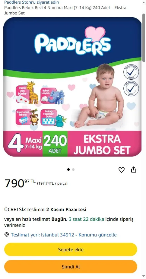 Paddlers Bebek Bezi 4 Numara Maxi (7-14 Kg) 240 Adet – Ekstra Jumbo Set