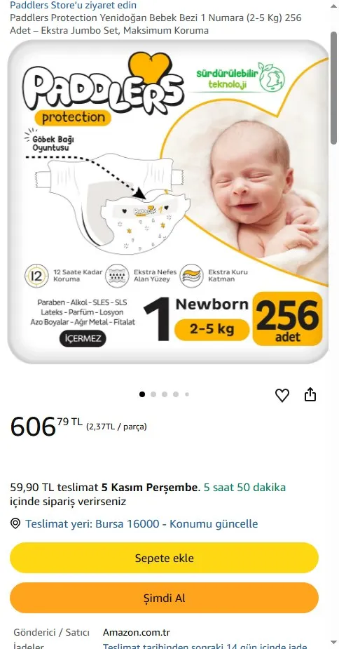 Paddlers Protection Yenidoğan Bebek Bezi 1 Numara (2-5 Kg) 256 Adet – Ekstra Jumbo Set, Maksimum Koruma