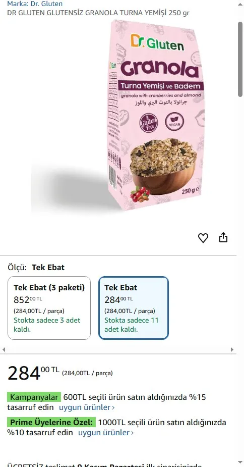DR GLUTEN GLUTENSİZ GRANOLA TURNA YEMİŞİ 250 gr