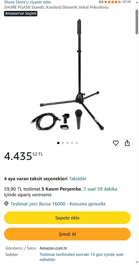 SHURE PGA58 Standlı, Kardioid Dinamik Vokal Mikrofonu