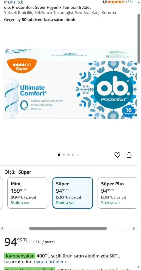 o.b. ProComfort Super Hijyenik Tampon 6 Adet