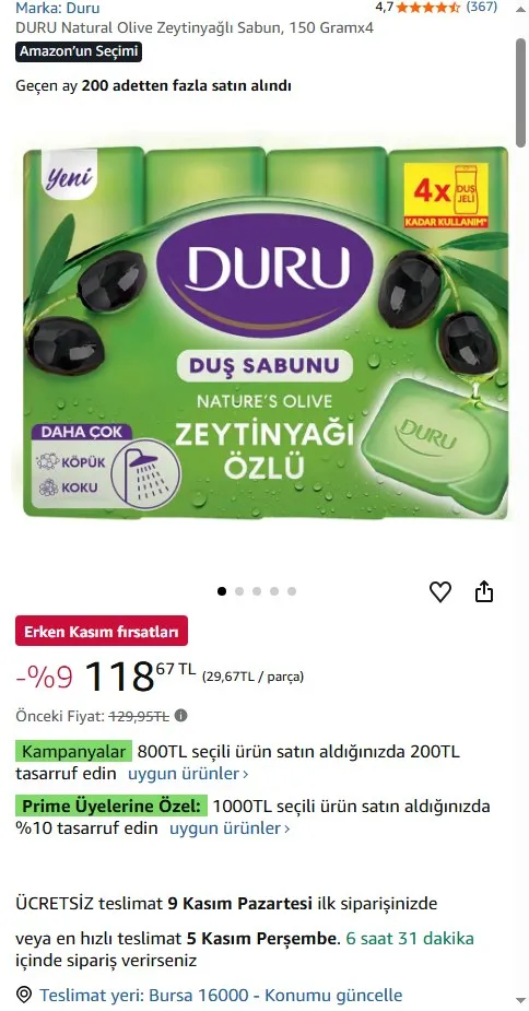 DURU Natural Olive Zeytinyağlı Sabun, 150 Gramx4