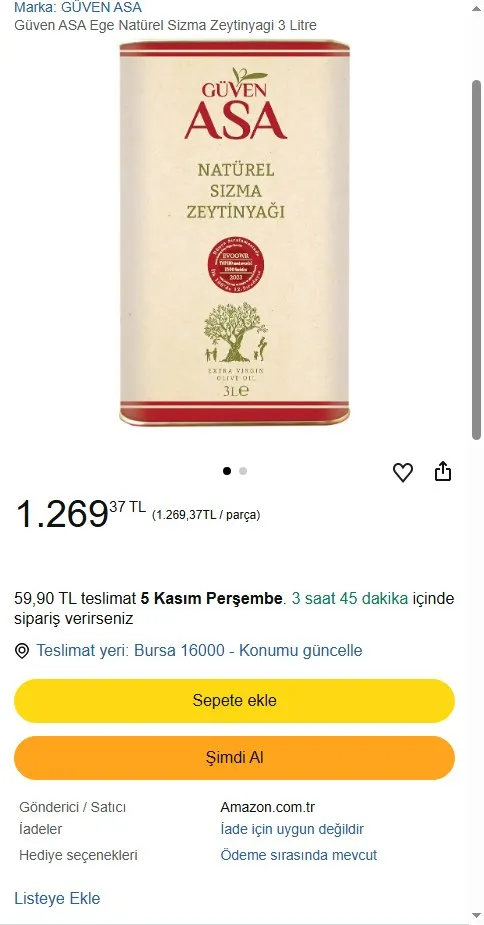 Güven ASA Ege Natürel Sizma Zeytinyagi 3 Litre