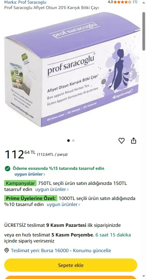 Prof Saracoglu Afiyet Olsun 20'li Karışık Bitki Çayı