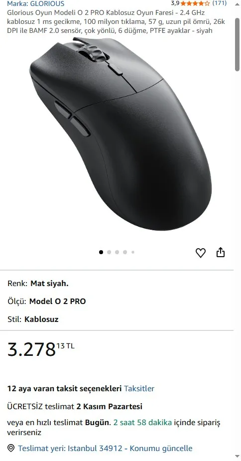 Glorious Oyun Modeli O 2 PRO Kablosuz Oyun Faresi - 2.4 GHz kablosuz 1 ms gecikme, 100 milyon tıklama, 57 g, uzun pil ömrü, 26k DPI ile BAMF 2.0 sensör, çok yönlü, 6 düğme, PTFE ayaklar - siyah