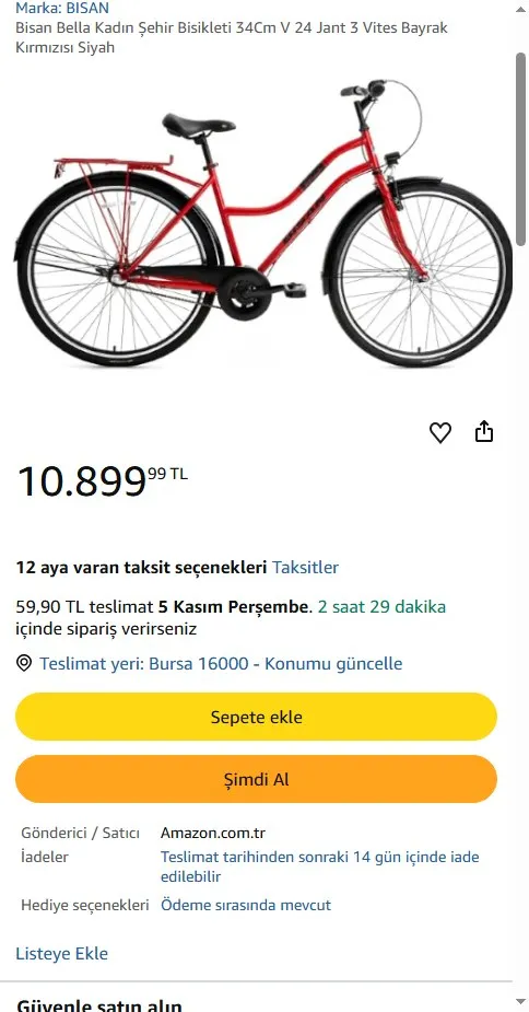 Bisan Bella Kadın Şehir Bisikleti 34Cm V 24 Jant 3 Vites Bayrak Kırmızısı Siyah