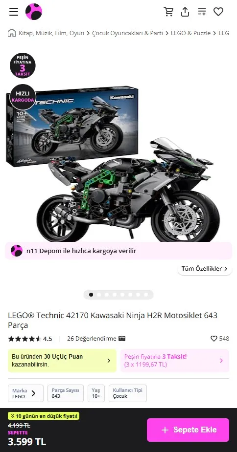 LEGO® Technic 42170 Kawasaki Ninja H2R Motosiklet 643 Parça