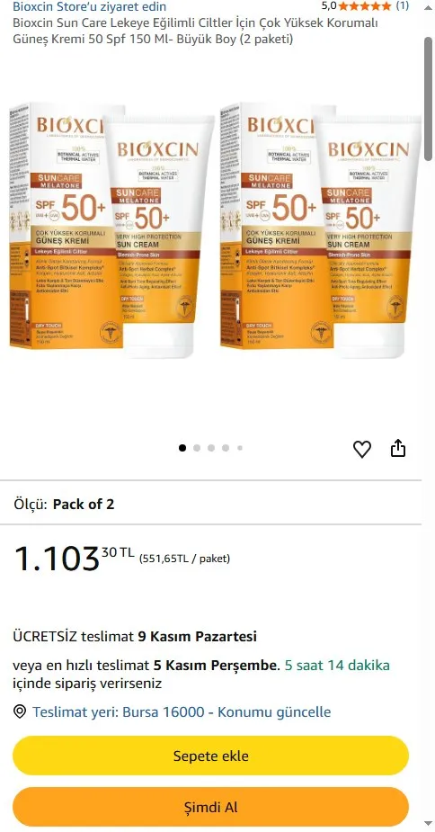 Bioxcin Sun Care Lekeye Eğilimli Ciltler İçin Çok Yüksek Korumalı Güneş Kremi 50 Spf 150 Ml- Büyük Boy (2 paketi)