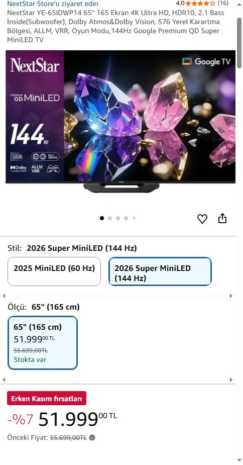 NextStar YE-65IDWP14 65'' 165 Ekran 4K Ultra HD, HDR10, 2.1 Bass İnside(Subwoofer), Dolby Atmos&Dolby Vision, 576 Yerel Karartma Bölgesi, ALLM, VRR, Oyun Modu,144Hz Google Premium QD Super MiniLED TV