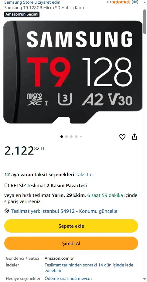 Samsung T9 128GB Micro SD Hafıza Kartı