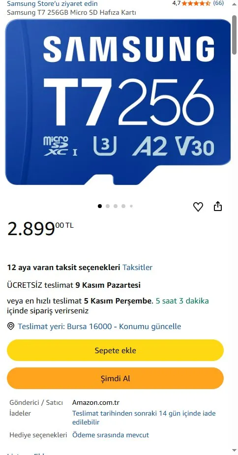 Samsung T7 256GB Micro SD Hafıza Kartı