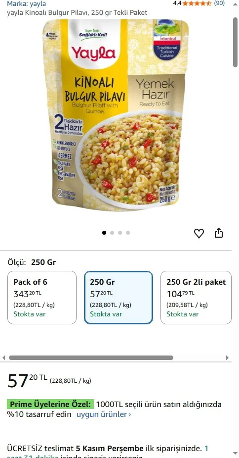yayla Kinoalı Bulgur Pilavı, 250 gr Tekli Paket