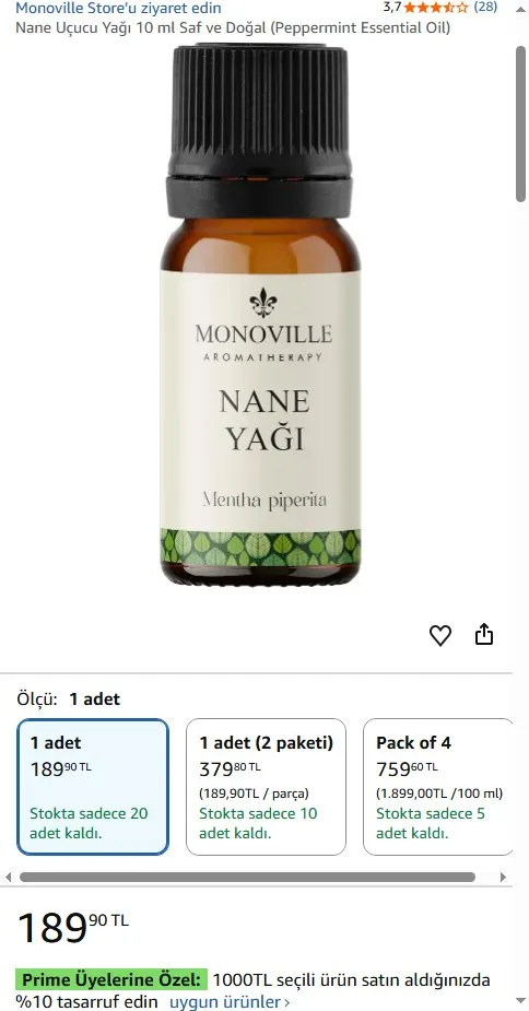 Nane Uçucu Yağı 10 ml Saf ve Doğal (Peppermint Essential Oil)