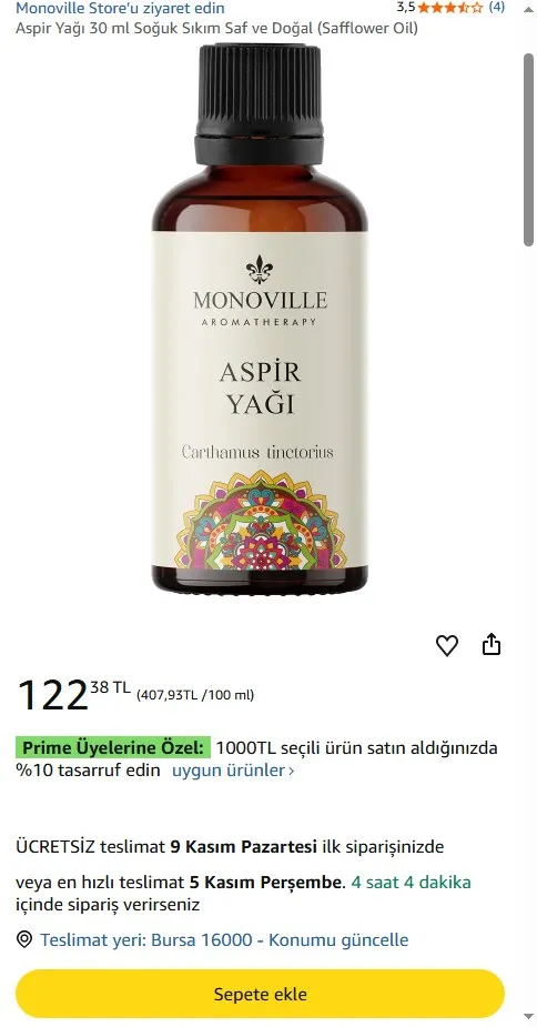 Aspir Yağı 30 ml Soğuk Sıkım Saf ve Doğal (Safflower Oil)