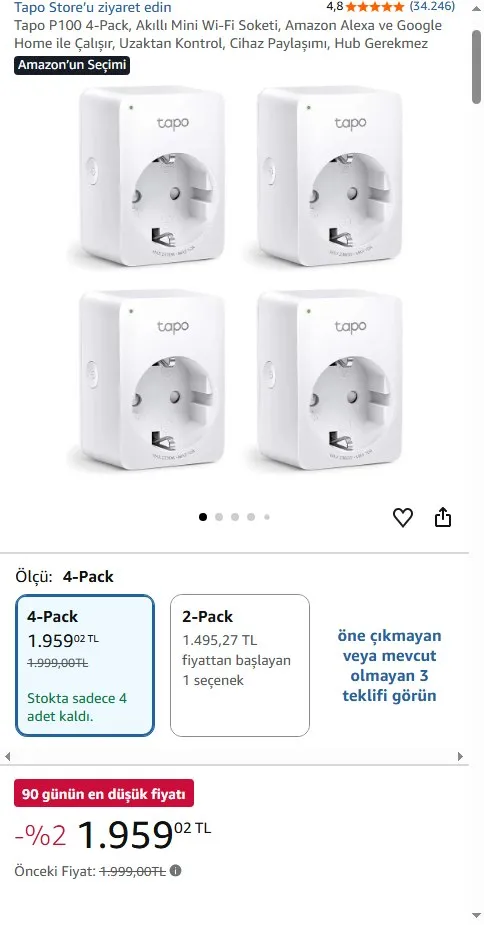 Tapo P100 4-Pack, Akıllı Mini Wi-Fi Soketi, Amazon Alexa ve Google Home ile Çalışır, Uzaktan Kontrol, Cihaz Paylaşımı, Hub Gerekmez