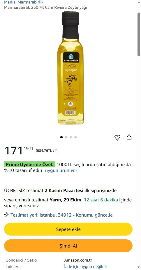 Marmarabirlik 250 Ml Cam Riviera Zeytinyağı