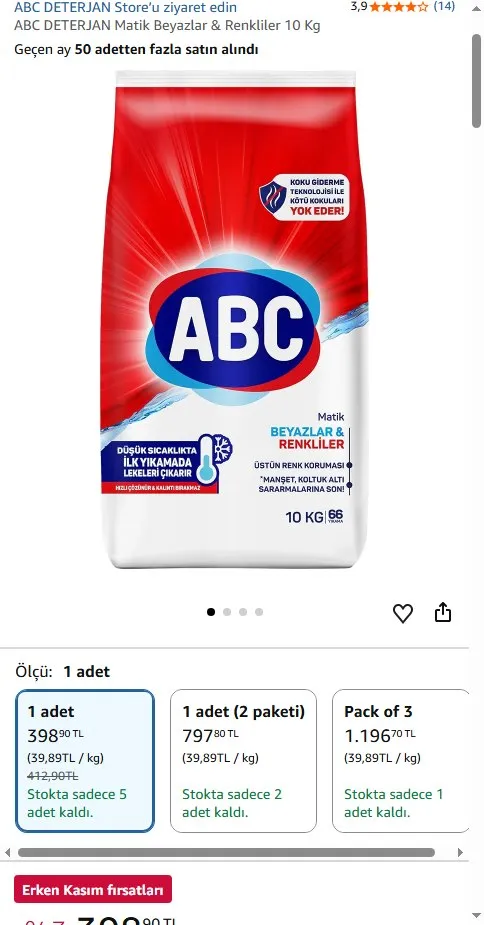 ABC DETERJAN Matik Beyazlar & Renkliler 10 Kg