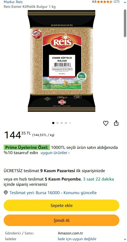 Reis Esmer Köftelik Bulgur 1 kg