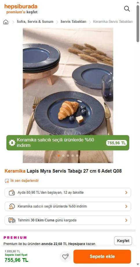 Keramika Lapis Myra Servis Tabağı 27 cm 6 Adet Q08