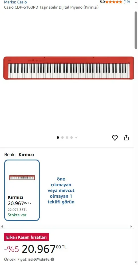 Casio CDP-S160RD Taşınabilir Dijital Piyano (Kırmızı)