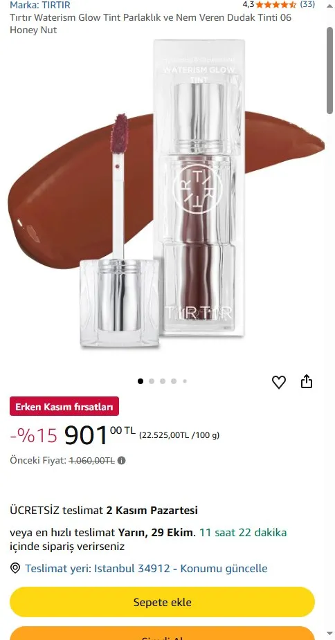 Tırtır Waterism Glow Tint Parlaklık ve Nem Veren Dudak Tinti 06 Honey Nut