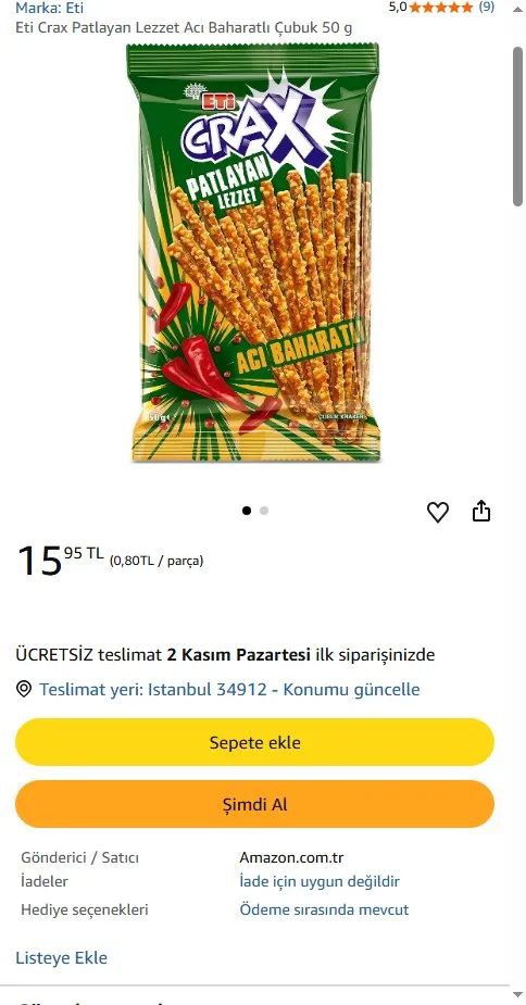 Eti Crax Patlayan Lezzet Acı Baharatlı Çubuk 50 g