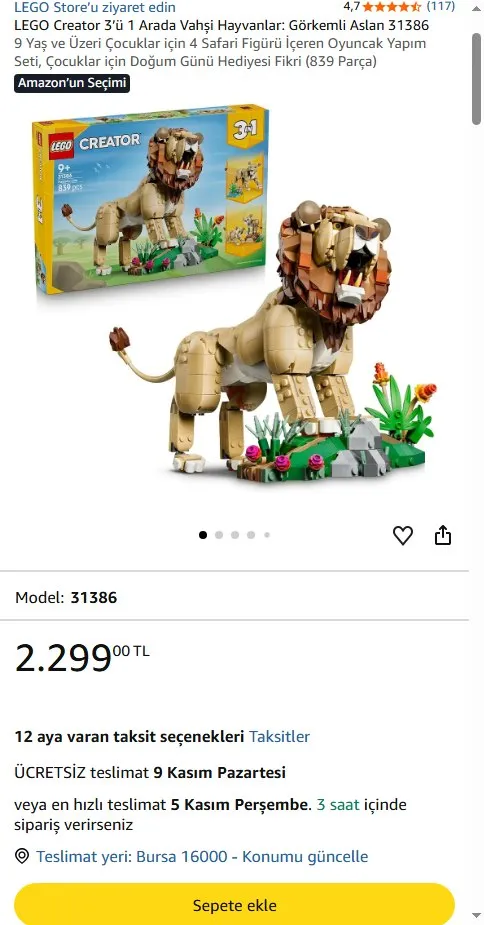 LEGO Creator 3’ü 1 Arada Vahşi Hayvanlar: Görkemli Aslan 31386