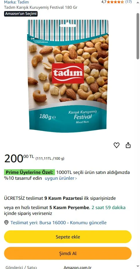 Tadım Karışık Kuruyemiş Festival 180 Gr