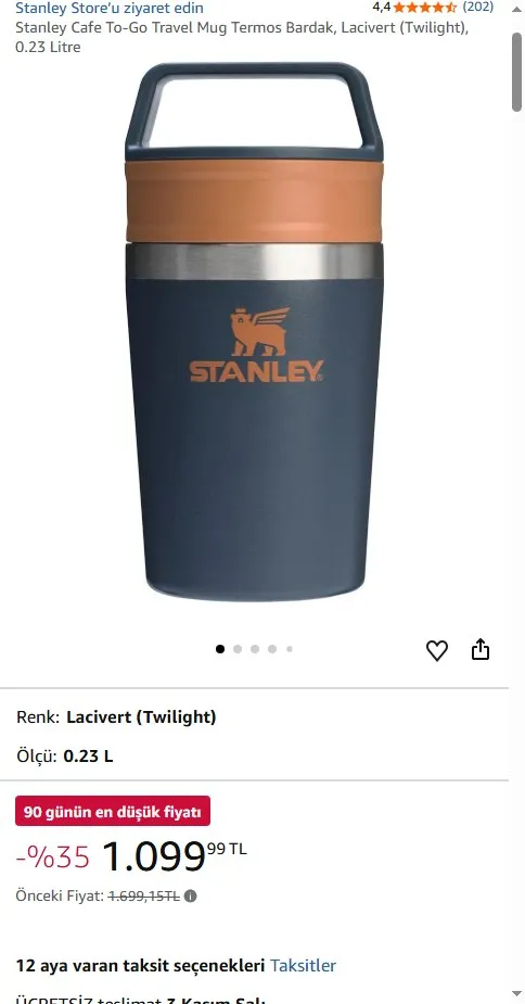 Stanley Cafe To-Go Travel Mug Termos Bardak, Lacivert (Twilight), 0.23 Litre