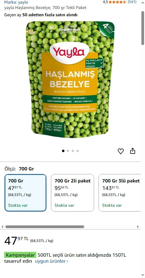 yayla Haşlanmış Bezelye, 700 gr Tekli Paket