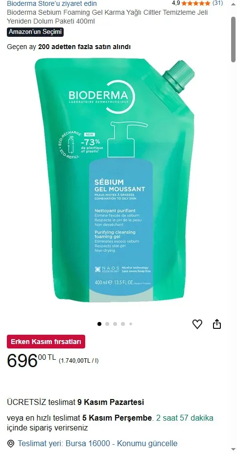 Bioderma Sebium Foaming Gel Karma Yağlı Ciltler Temizleme Jeli Yeniden Dolum Paketi 400ml