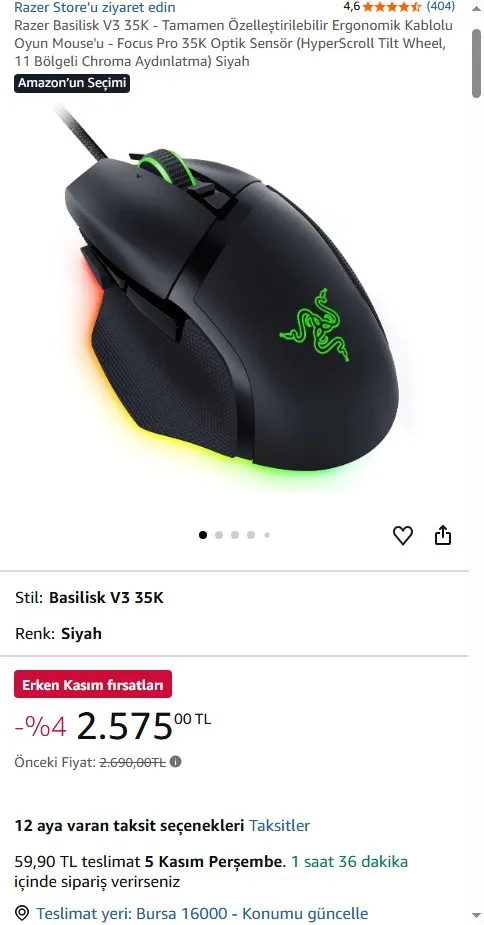 Razer Basilisk V3 35K - Tamamen Özelleştirilebilir Ergonomik Kablolu Oyun Mouse'u - Focus Pro 35K Optik Sensör (HyperScroll Tilt Wheel, 11 Bölgeli Chroma Aydınlatma) Siyah