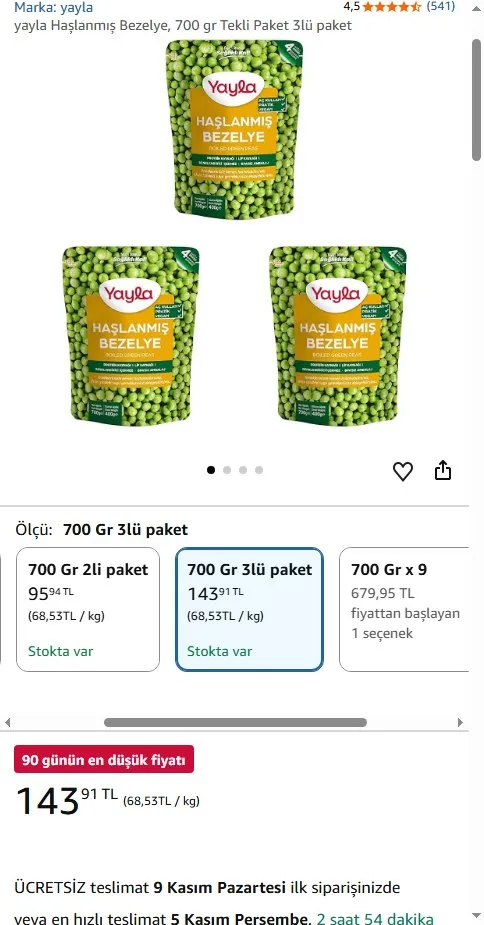 yayla Haşlanmış Bezelye, 700 gr Tekli Paket 3lü paket