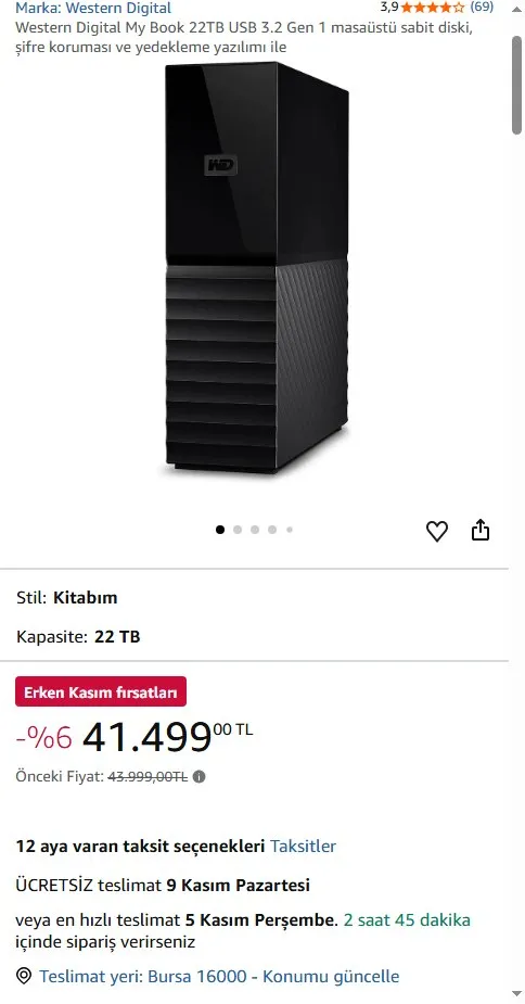 Western Digital My Book 22TB USB 3.2 Gen 1 masaüstü sabit diski, şifre koruması ve yedekleme yazılımı ile