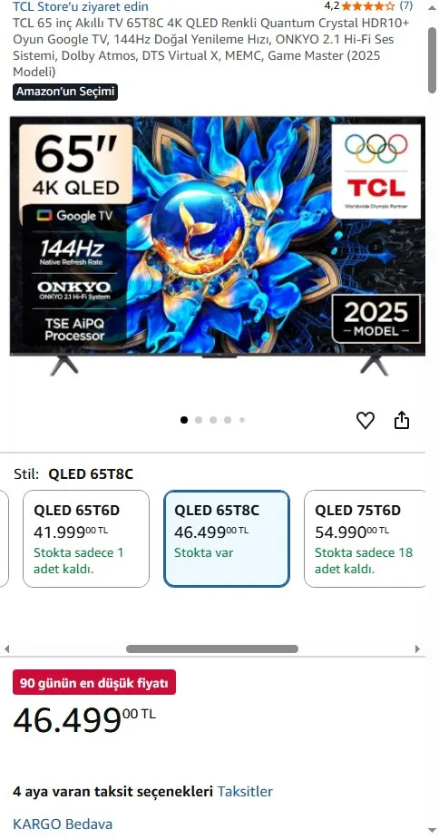 TCL 65 inç Akıllı TV 65T8C 4K QLED Renkli Quantum Crystal HDR10+ Oyun Google TV, 144Hz Doğal Yenileme Hızı, ONKYO 2.1 Hi-Fi Ses Sistemi, Dolby Atmos, DTS Virtual X, MEMC, Game Master (2025 Modeli)