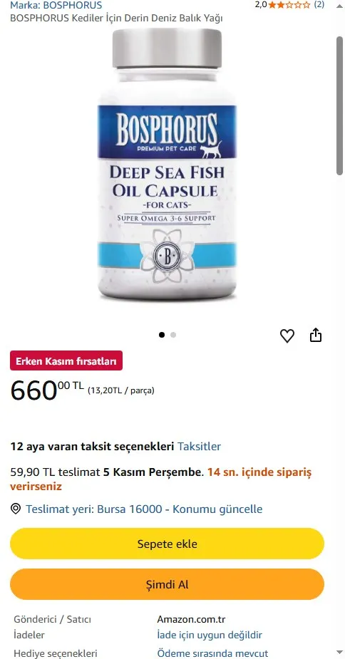 BOSPHORUS Kediler İçin Derin Deniz Balık Yağı