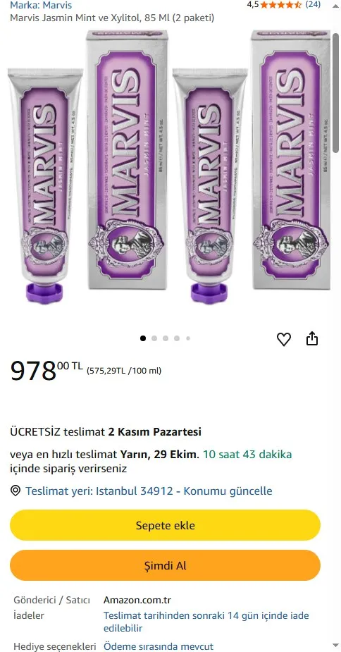 Marvis Jasmin Mint ve Xylitol, 85 Ml (2 paketi)