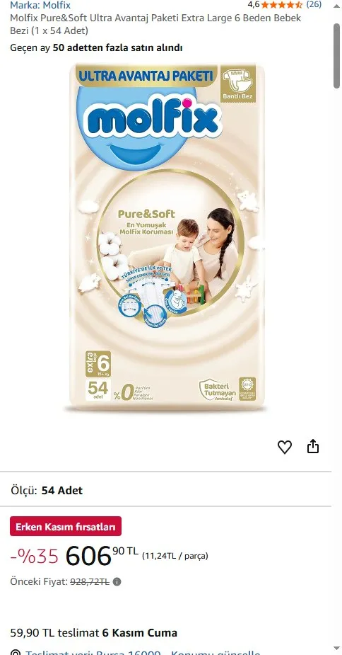 Molfix Pure&Soft Ultra Avantaj Paketi Extra Large 6 Beden Bebek Bezi (1 x 54 Adet)