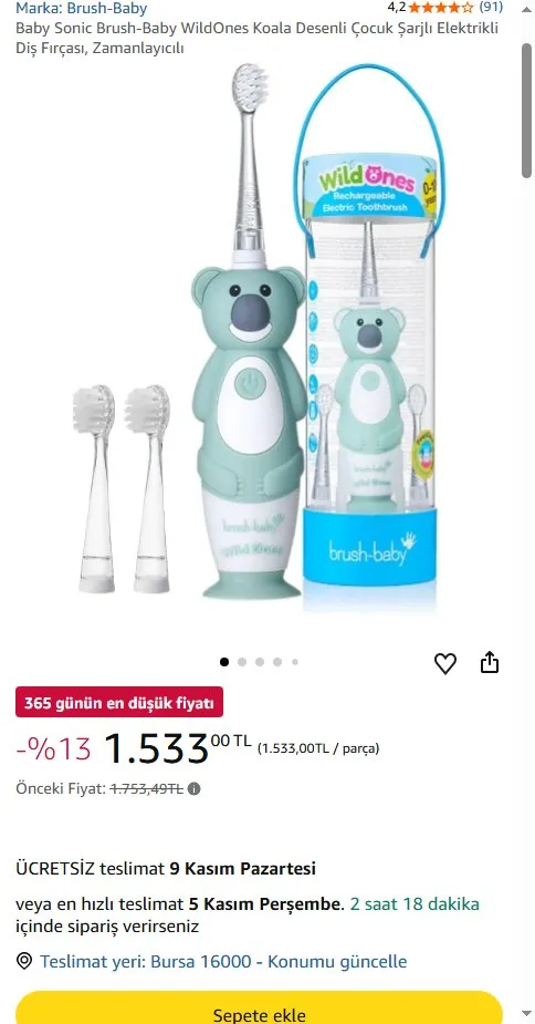 Baby Sonic Brush-Baby WildOnes Koala Desenli Çocuk Şarjlı Elektrikli Diş Fırçası, Zamanlayıcılı