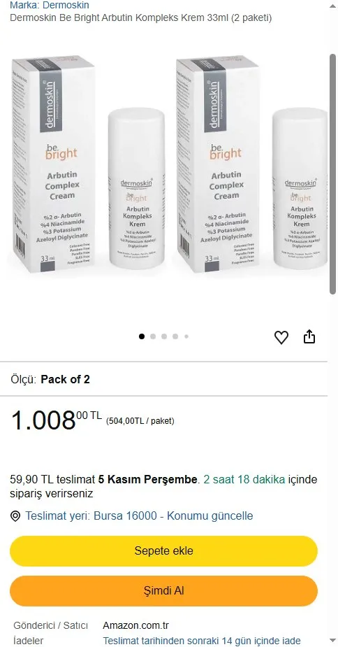 Dermoskin Be Bright Arbutin Kompleks Krem 33ml (2 paketi)