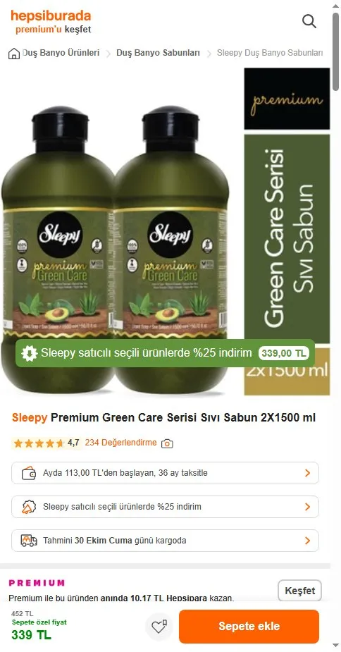 Sleepy Premium Green Care Serisi Sıvı Sabun 2X1500 ml