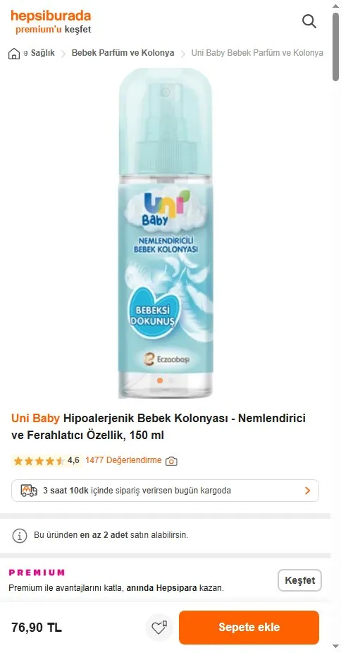 Uni Baby Hipoalerjenik Bebek Kolonyası - Nemlendirici ve Ferahlatıcı Özellik, 150 ml