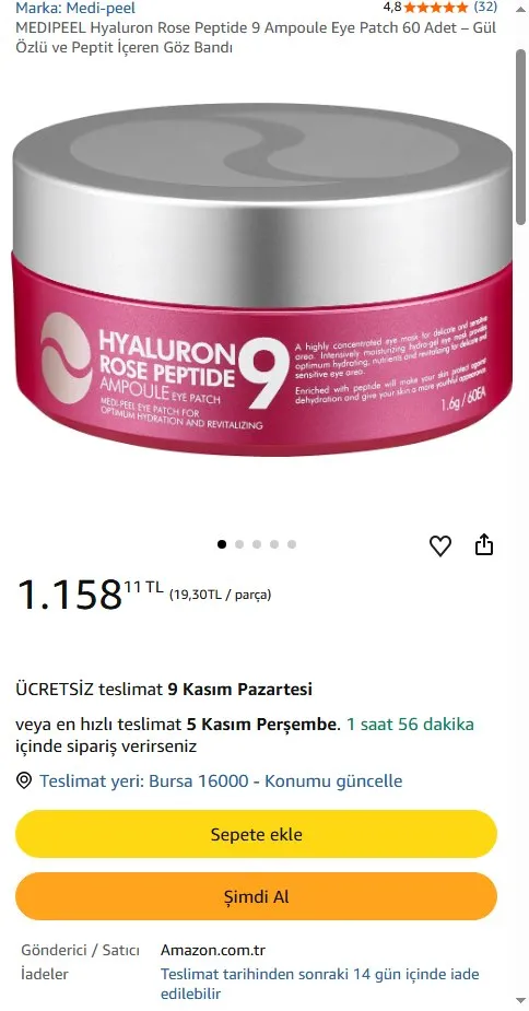 MEDIPEEL Hyaluron Rose Peptide 9 Ampoule Eye Patch 60 Adet – Gül Özlü ve Peptit İçeren Göz Bandı