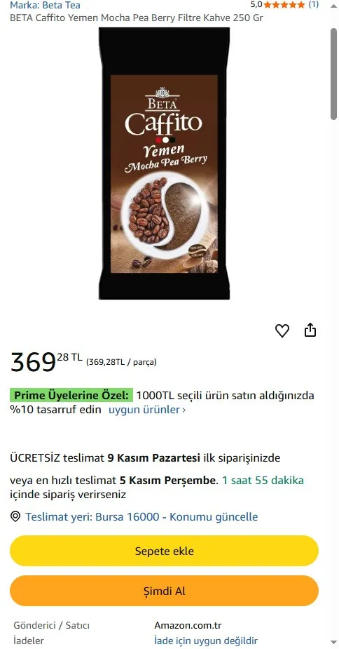 BETA Caffito Yemen Mocha Pea Berry Filtre Kahve 250 Gr