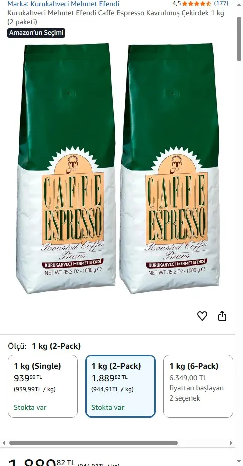 Kurukahveci Mehmet Efendi Caffe Espresso Kavrulmuş Çekirdek 1 kg (2 paketi)