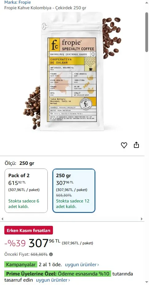 Fropie Kahve Kolombiya - Çekirdek 250 gr