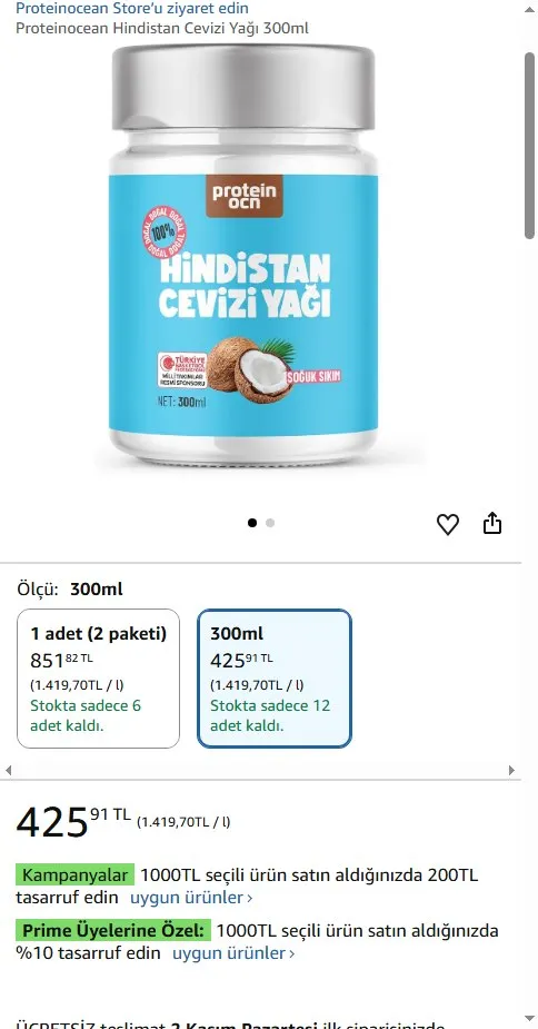 Proteinocean Hindistan Cevizi Yağı 300ml